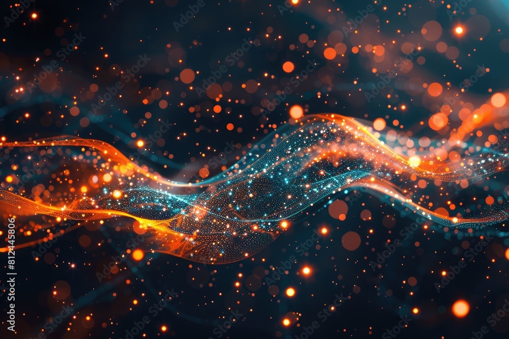 Obraz premium A blurry image of a wave with orange and blue streaks. The image is abstract and has a dreamy, ethereal quality