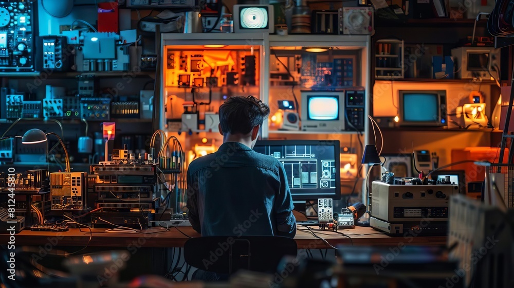 A timelapse style image of an engineer working through the night in an electronics lab, various projects illuminated