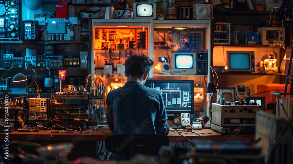 A timelapse style image of an engineer working through the night in an electronics lab, various projects illuminated A timelapse style image of an engineer working through the night in an electronics lab, various projects illuminated