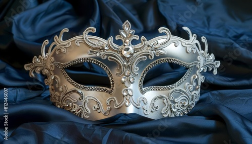 Show a delicate Venetian mask with intricate lace details and crystal embellishments on a dark blue satin background