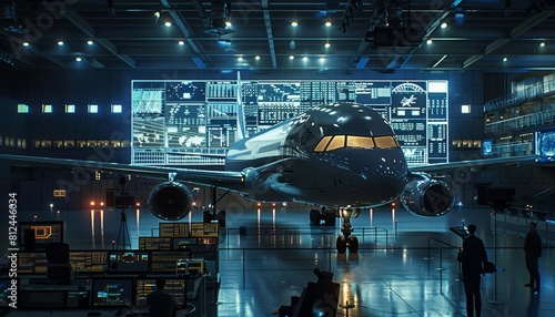 Show a digital twin of an airplane being used in a control room to simulate flight conditions and maintenance needs