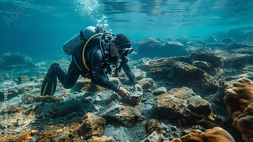 Show a maritime archaeologist diving near a sunken shipwreck, uncovering relics that shine light on centuriesold voyages photo