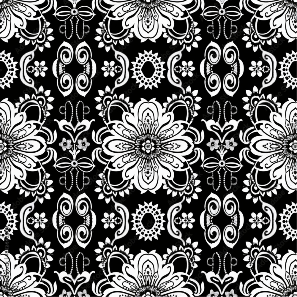 
Seamless lace pattern with traditional Polish folk ornament sections featuring flowers and leaves in black color on a white background