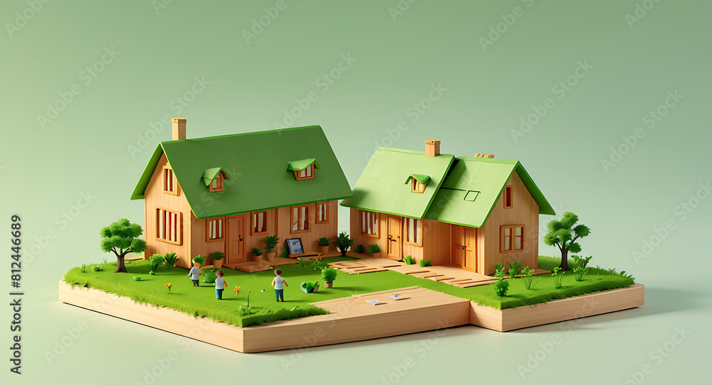 A small green home paper house with paper cut out of a family, environmentally friendly construction, eco friendly living and sustainable living concept, green background with copy space, A small green home paper house with paper cut out of a family, environmentally friendly construction, eco friendly living and sustainable living concept, green background with copy space,