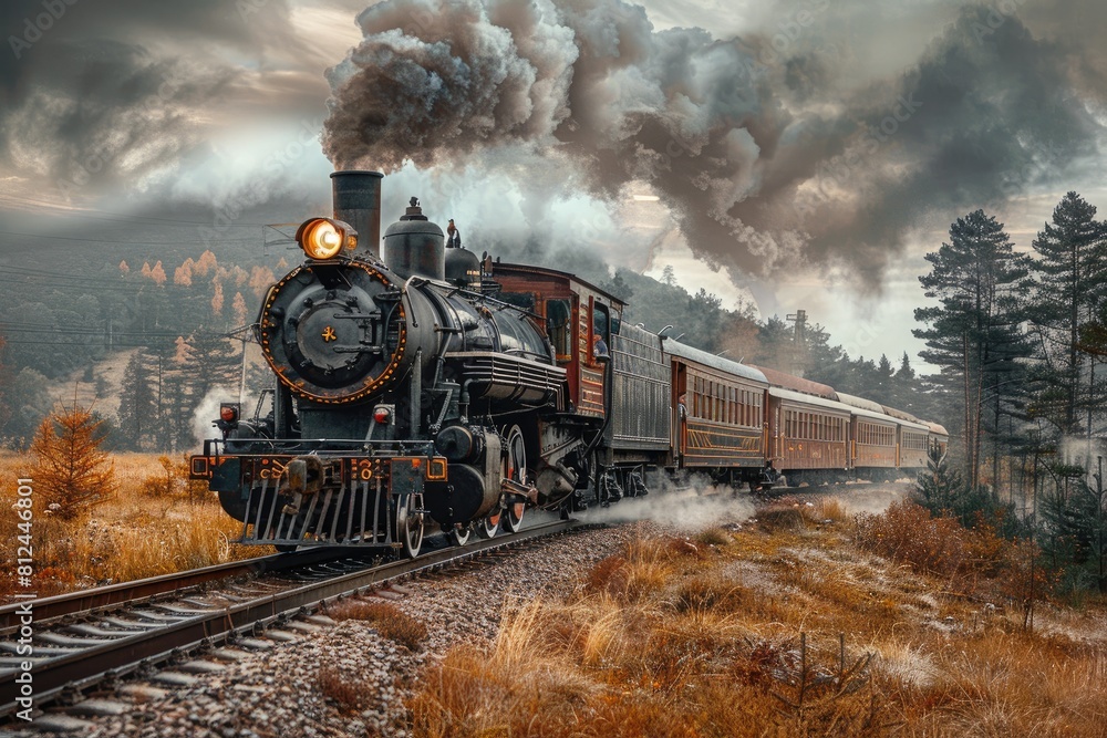 Obraz premium A steam train is traveling down the tracks with smoke coming out of the engine. The train is surrounded by trees and the landscape is dry and barren