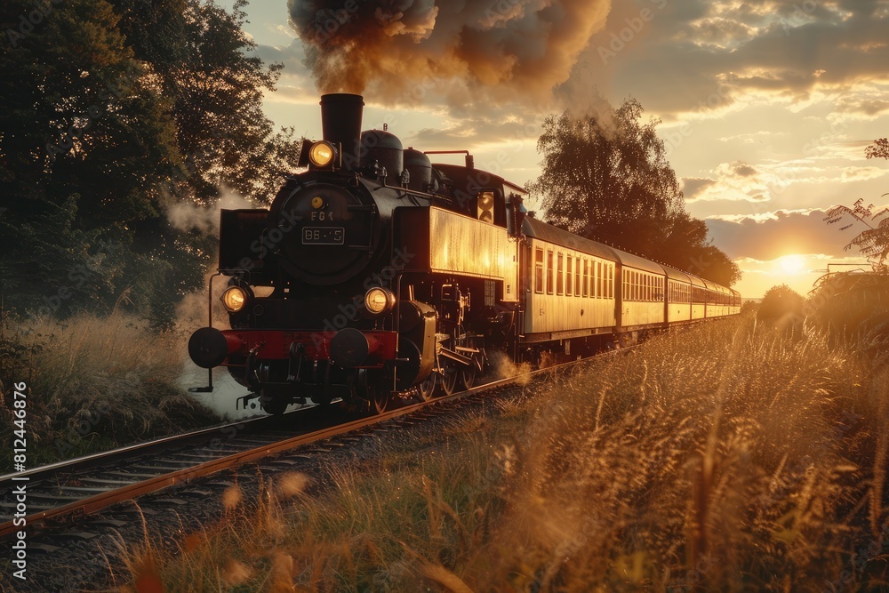 Fototapeta premium A steam train is traveling down the tracks, with the sun setting in the background. The train is surrounded by a field of tall grass, and the smoke from the train is visible in the air