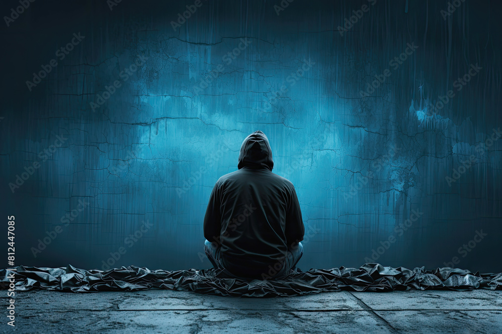 Isolation Portrait: Man Sitting Alone with a Sad Expression in a Blue-Black Tone