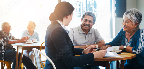 Slika na platnu Senior couple, financial advisor and talking in meeting, relax conversation and estate planning or legacy policy