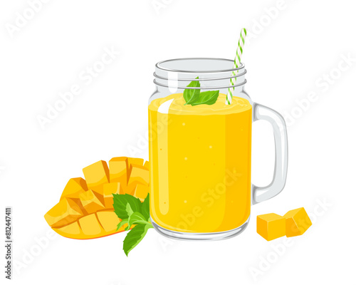 Mango smoothie in mason jar glass with straw isolated on white background. Yellow milkshake. Vector cartoon illustration.