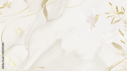 A birds with a white background featuring gold lines and leaves, website background, design template  #812447605