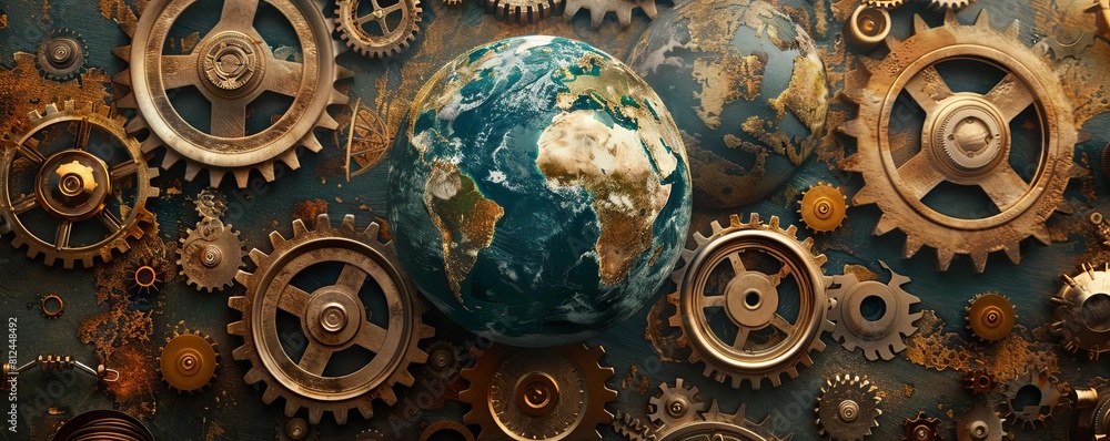 A visual metaphor of Earth integrated into a vast network of brass gears, symbolizing global industry and machinery A visual metaphor of Earth integrated into a vast network of brass gears, symbolizing global industry and machinery