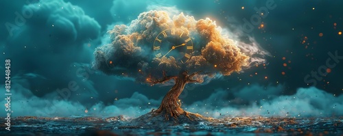A visual metaphor of a cloud with roots extending into an ancient clock tower, illustrating the deep connections between cloud technology and historical timekeeping