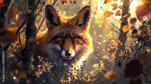 This captivating illustration shows a majestic fox with intense eyes amidst a sunlit forest, surrounded by trees and foliage