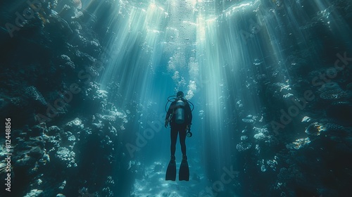 View of back of scuba diver underwater. Diver looks at big diving club logo underwater. Diver dives to bottom of the ocean while holding rope. Sunrays underwater. Background of scuba diving.