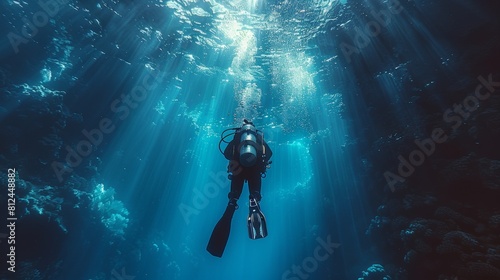 A scuba diver looks at an underwater diving club logo as he dives and holds a rope while diving to the bottom of the sea. Sunrays shine underwater as the diver dives into the sea. The background is a photo