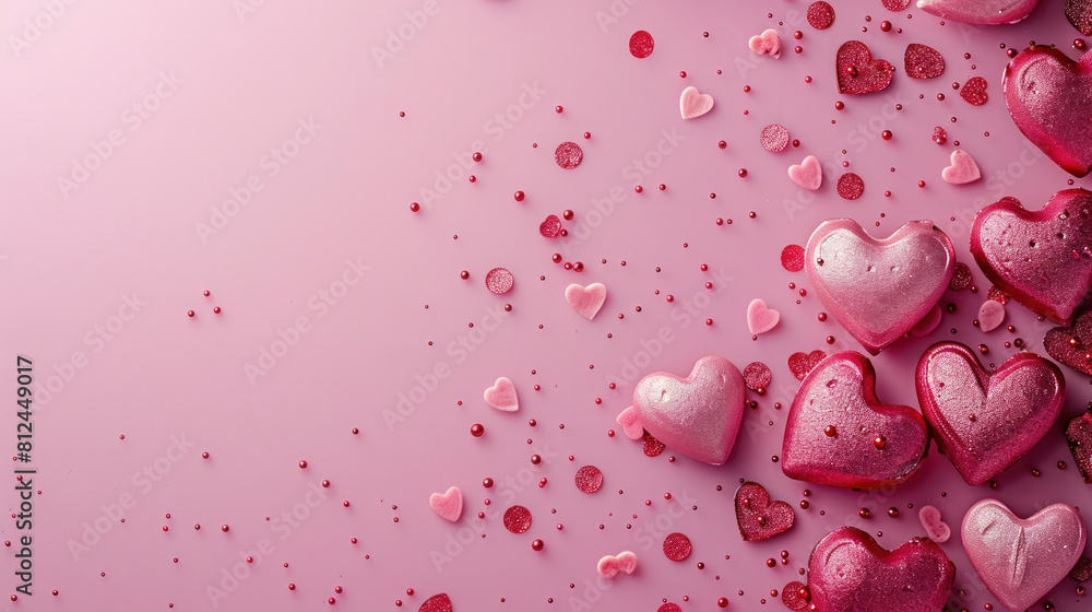 A pink background with a bunch of hearts scattered around it. The hearts are of different sizes and are placed in various positions. Scene is one of love and affection A pink background with a bunch of hearts scattered around it. The hearts are of different sizes and are placed in various positions. Scene is one of love and affection
