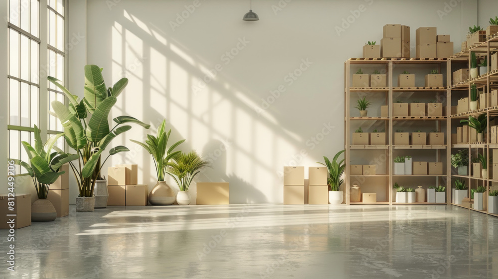 A large empty room with a white wall and a large window. Boxes are stacked against the wall and potted plants are placed throughout the room. The room has a clean and organized appearance A large empty room with a white wall and a large window. Boxes are stacked against the wall and potted plants are placed throughout the room. The room has a clean and organized appearance