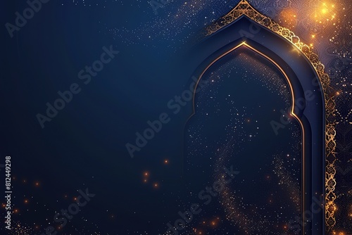 Ramadan kareem card design with lanterns hanging above arabic window style and copy space, Islamic holiday abstract background.