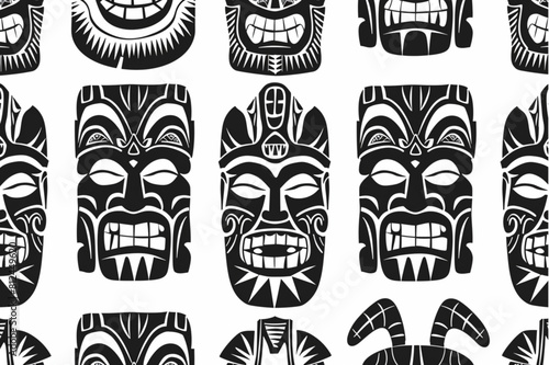 A seamless pattern of traditional tiki masks  each with a distinct design and expression