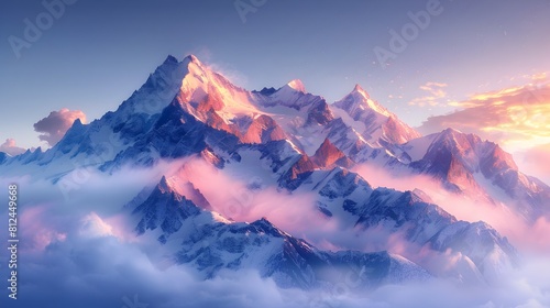 Majestic Mountain Landscape at Sunrise with Mist Covered Peaks Bathed in Warm Golden Light