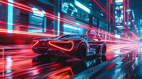 Futuristic sports car speeding through a night cityscape urban neon scene background, rear view of car its sleek design with glowing light trails and rapid motion, cyberspace concept landscape.