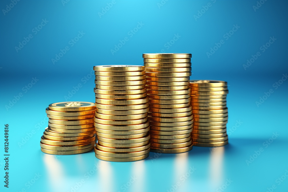 Stack of golden bitcoins on blue background flat design top view cryptocurrency theme 3D render Complementary Color Scheme Stack of golden bitcoins on blue background flat design top view cryptocurrency theme 3D render Complementary Color Scheme