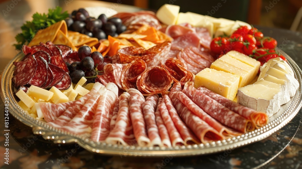 Assorted meats and cheeses on a platter Assorted meats and cheeses on a platter