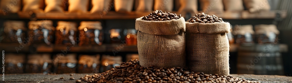 Boutique Coffee Beans in Burlap Sacks with Freshly Brewed Cup Product Presentation Concept with Copy Space Boutique Coffee Beans in Burlap Sacks with Freshly Brewed Cup Product Presentation Concept with Copy Space