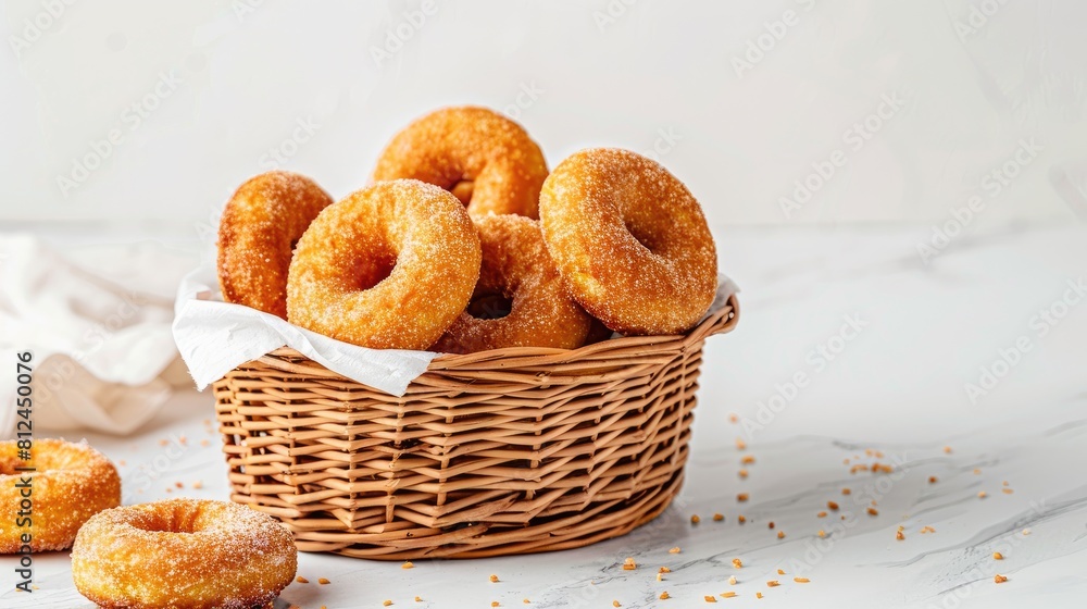Caramel flake mini donuts in a wooden wicker basket on a white backdrop Caramel flake mini donuts in a wooden wicker basket on a white backdrop