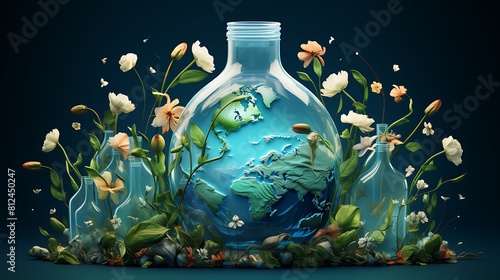 An illustration of Earth with a message encouraging the reduction of single-use plastics for Earth Day. photo