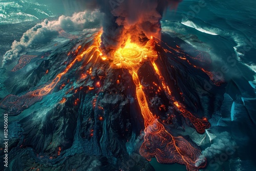 A volcanic eruption viewed from above, with molten lava creating new land in the ocean photo