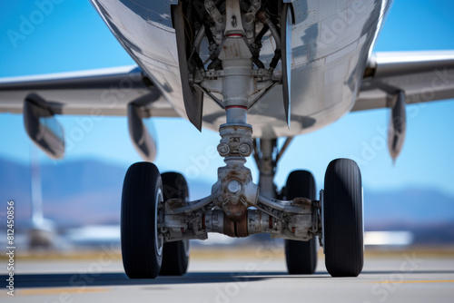 The photo shows the landing gear of a large aircraft