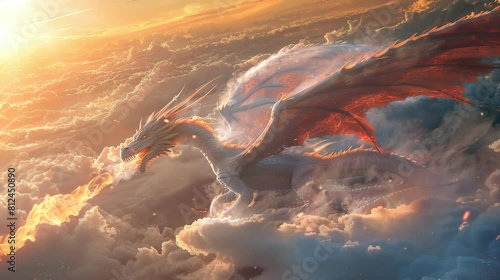 a white dragon that spews fire above the clouds. seamless looping time-lapse virtual 4K  video Animation Background. photo
