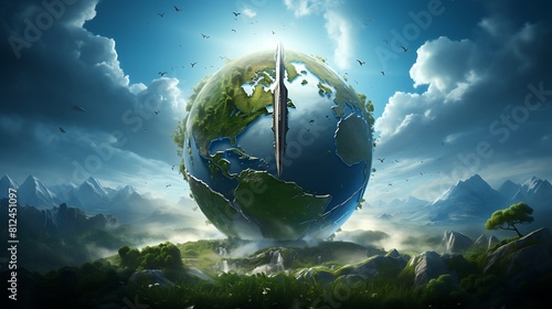 A digital painting of Earth with a shield protecting it from habitat destruction for Earth Day. photo