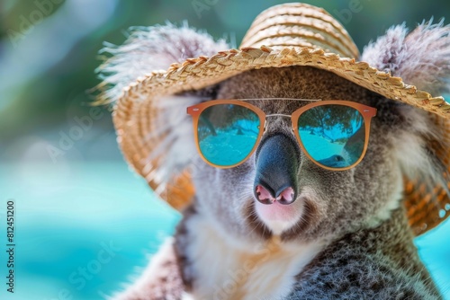 Funny koala wearing summer straw hat and stylish sunglasses