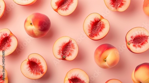 Top view of whole and halved ripe peaches arranged on a pink background, showcasing their vibrant colors and juicy textures. photo