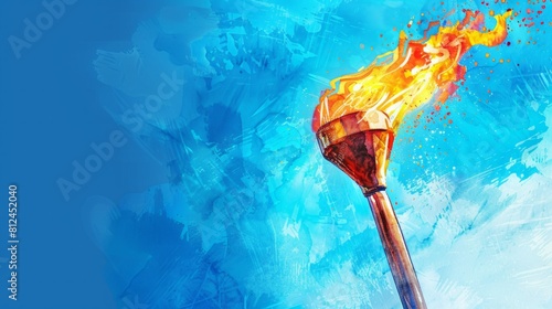 The Olympic Games in 2024 in France, in Paris. Watercolor painting of the Olympic torch on a solid blue background photo