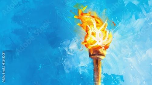 The Olympic Games in 2024 in France, in Paris. Watercolor painting of the Olympic torch on a solid blue background photo