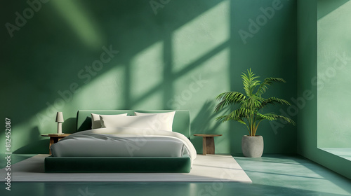  In the sleek confines of a modern bedroom, a bed is placed against a vibrant green wall, softly bathed in ambient lighting that accentuates the minimalist design, clean lines and uncluttered decor