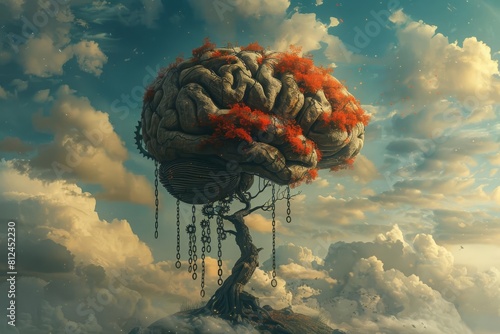 A whimsical image of a brain floating like a balloon, tethered to a tree by chains made of gears photo