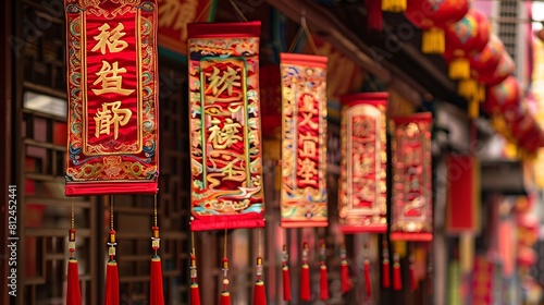 Decorative Chinese New Year banners adorned with symbolic characters and motifs  adding festive cheer to the atmosphere.