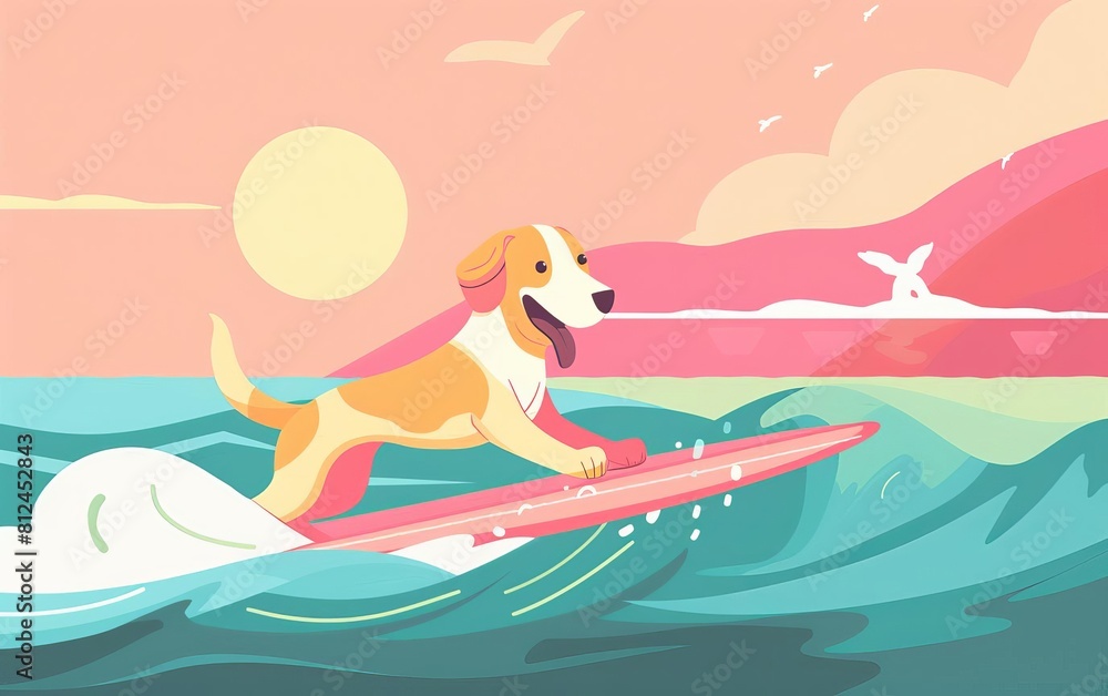 Dog surfing flat design front view action theme animation Triadic Color Scheme,