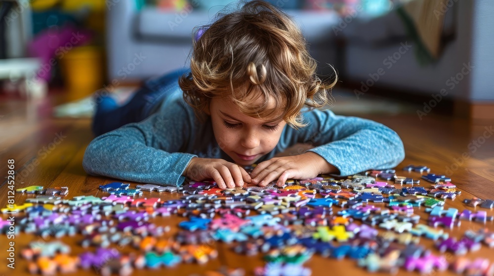a focused child engaged in putting together a colorful jigsaw puzzle on a wooden floor.