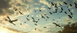 Flock of birds in stunning formation against a dramatic sky, a ballet of wings in flight.