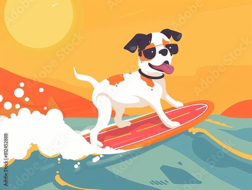Dog surfing flat design front view action theme animation Triadic Color Scheme, © Tonton54