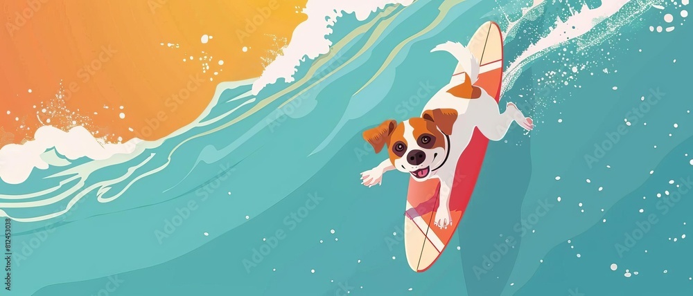 Dog surfing flat design top view summer theme cartoon drawing Complementary Color Scheme, Dog surfing flat design top view summer theme cartoon drawing Complementary Color Scheme,
