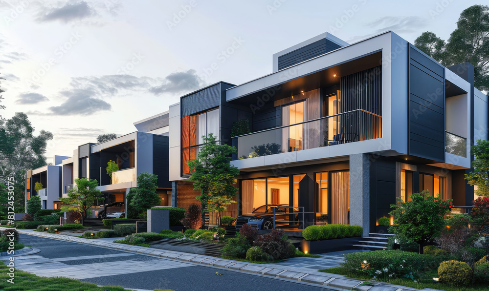 Minimalist modern architecture exterior with contemporary elegant modular gray townhouses in urban residential Minimalist modern architecture exterior with contemporary elegant modular gray townhouses in urban residential