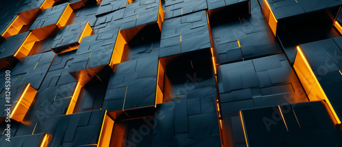 Abstract architecture with a geometric pattern illuminated by orange lights.