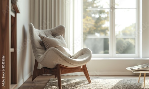 Stylish Scandinavian room interior with a modern comfortable armchair with cushion near window in sunlight