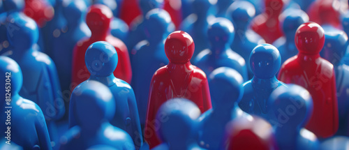 Red and blue figurines in a crowd, symbolizing diversity and individuality. photo